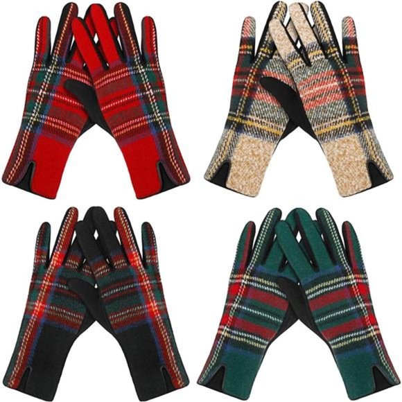4Pair Women's Plaid Gloves Winter Touch Screen Tartan Fleece Warm Mitten